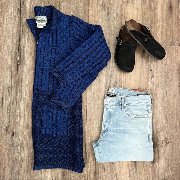 Aran Crafts Merino Wool Cable Knit Long Zip Up Sweater Women’s XXS Navy & Black - Picture 2 of 10